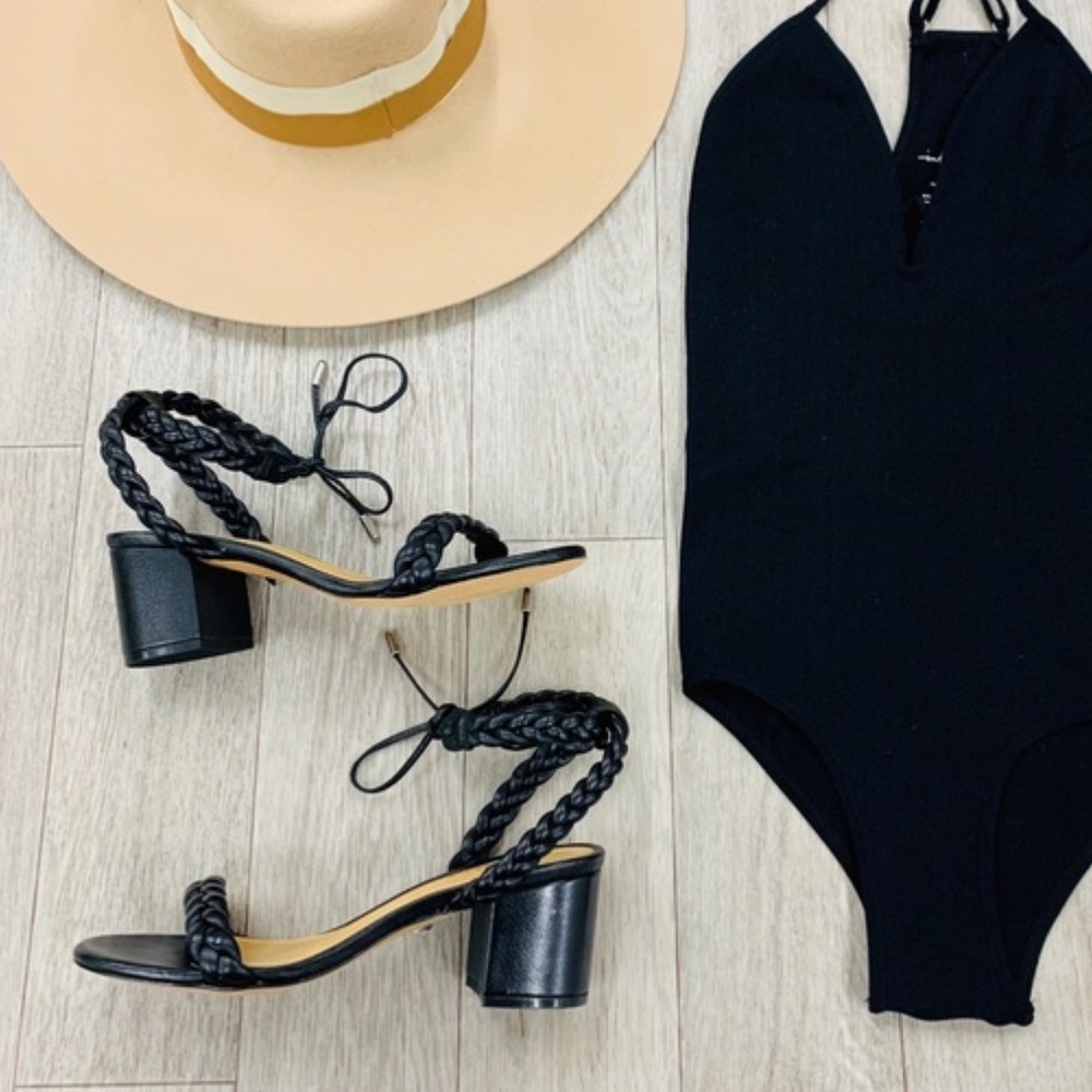 SCHUTZ Block Heel Leather Black Sandals - Picture 2 of 5